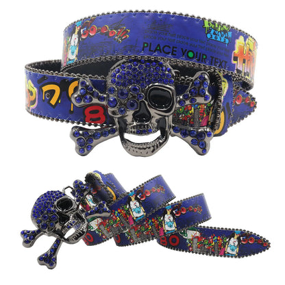 Big Skull Punk Black Rhinestone Belt Ladies Designer Belt Diamond Soldier Belt Western Cowboy Y2K Fashion Belt Hip Hop Graffiti