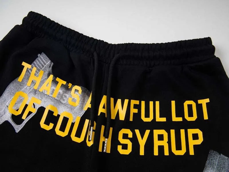 Hip Hop That's A Awful Lot of Cough Syrup Gun Print Short Pants High Quality Men Women Drawstring Black White Loose Shorts