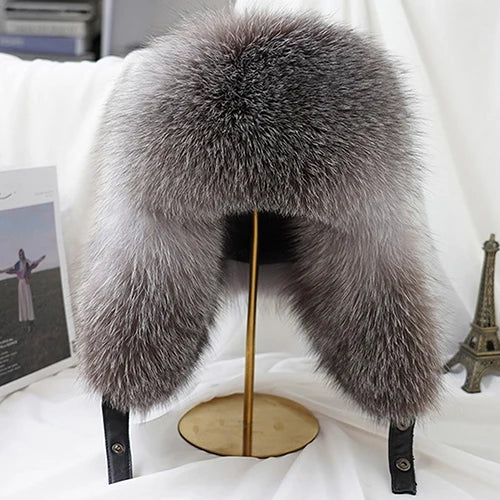 New Winter Men's 100% Real Silver Fox Fur Bomber Hat Raccoon Fur Ushanka Cap Trapper Russian Man Ski Hats Caps Real Leather