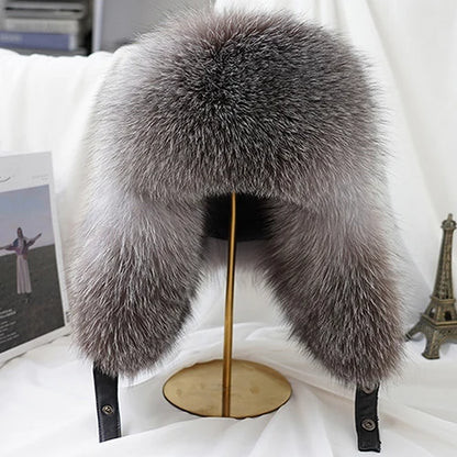 New Winter Men's 100% Real Silver Fox Fur Bomber Hat Raccoon Fur Ushanka Cap Trapper Russian Man Ski Hats Caps Real Leather