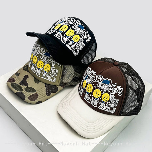 New Unisex 3D Printed Letter Smiling Face Baseball Hats Color Block Sunshade Hip Hop Breathable Trucker Caps Mesh Versatile ins