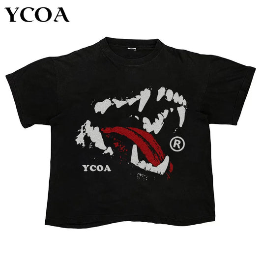 Men's T-Shirt Oversized Goth Tooth Streetwear Cotton Hip Hop Short Sleeve Tee Tops Korean Fashion Vintage Graphic Y2k Clothing