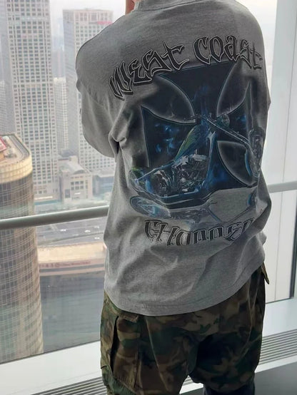 Men West Coast Style Vintage Biker Long Sleeve T Shirt Gothic Motorcycle Graphic Oversized Tops