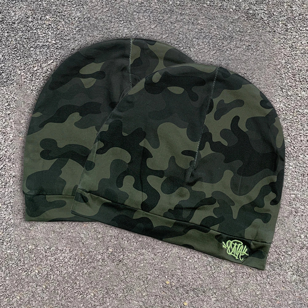 Dark Alt Fashion Camo Beanie Unisex with Neon Green Embroidery for Streetwear and Couple Outfit