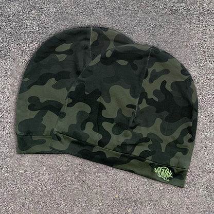 Dark Alt Fashion Camo Beanie Unisex with Neon Green Embroidery for Streetwear and Couple Outfit