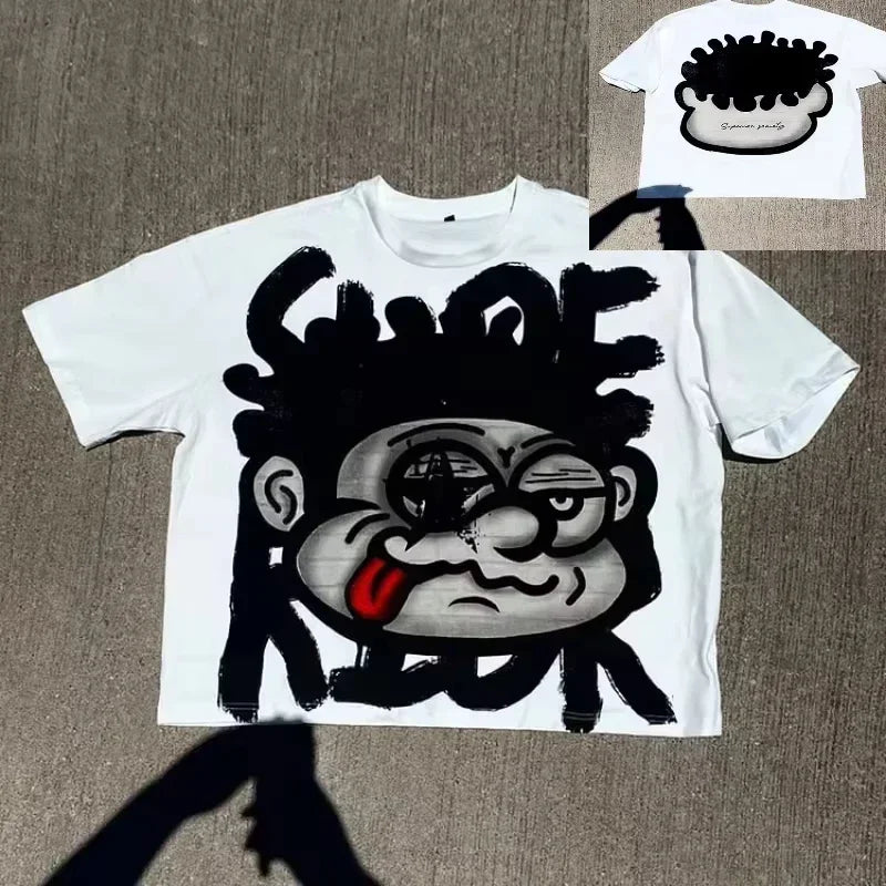 Vintage Big Face Graphic Print Cotton T-Shirt Men Y2K Summer Short Sleeves Vintage Oversize Tshirt Streetwear Women Top Tees