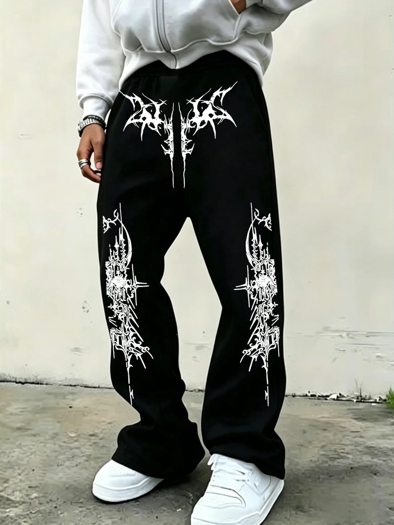 Men'S American-Style High-Street Print Black Slightly Flared Sweatpants: Loose-Fitting, Drapey, Wide-Leg Casual Athletic Pants
