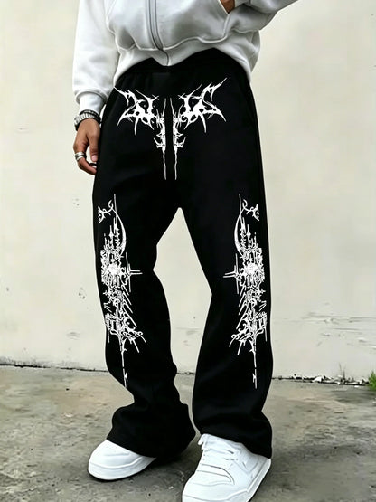 Men'S American-Style High-Street Print Black Slightly Flared Sweatpants: Loose-Fitting, Drapey, Wide-Leg Casual Athletic Pants