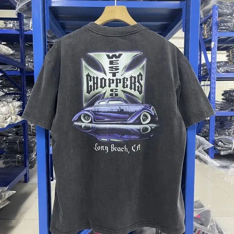 Y2K Vintage West Coast Choppers Printed Washing T-Shirt Women Cotton Breathable Retro Biker Style Loose Fit Casual Streetwear