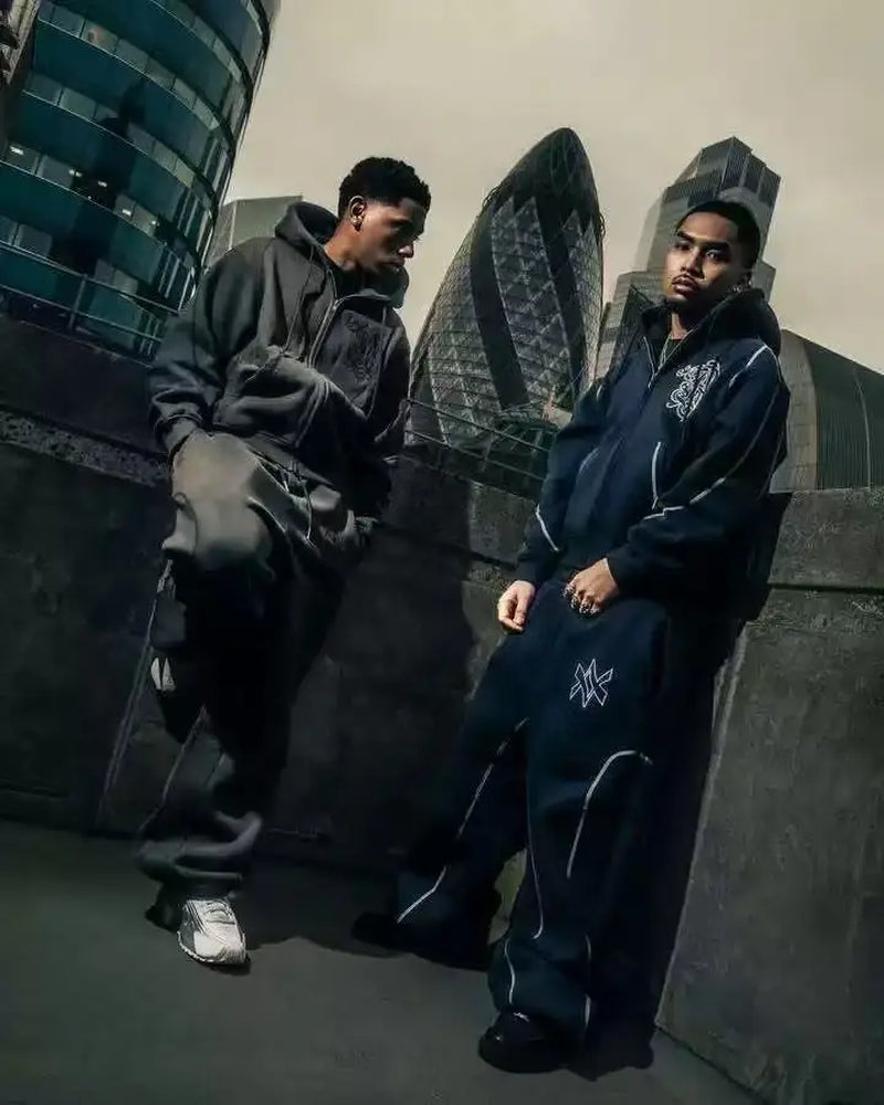 American Y2K Casual Zipper Hoodie Sweatpant Two Piece Set Hiphop Oversized Embroidery Sweatshirts Men Women Casual Pants