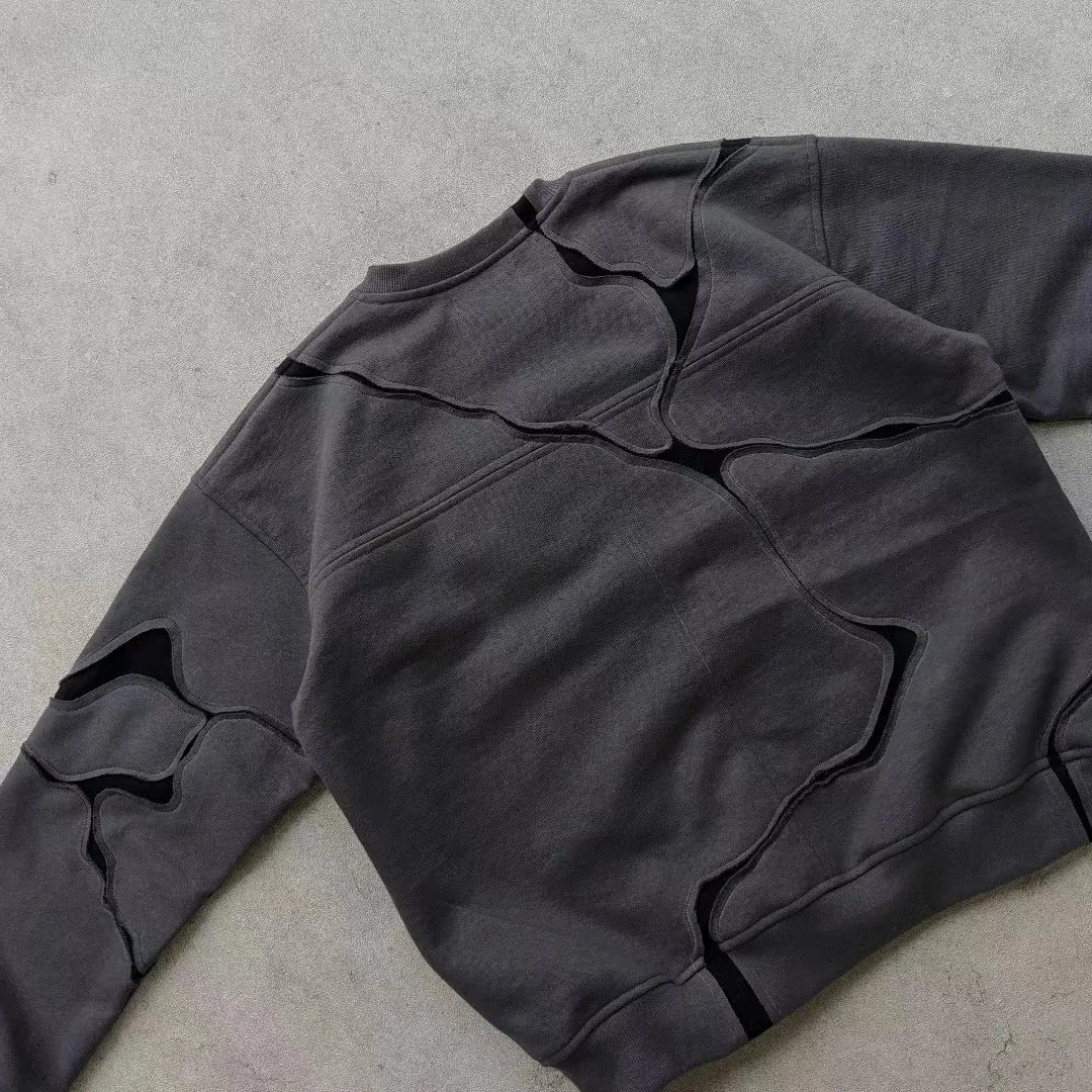 New Y2K Millennium Dark Style Patchwork Contrasting Hoodie, Worn Grey Purple Contrasting Deconstruction Loose round Neck Shirt