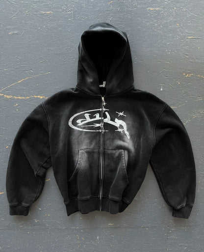 Fashion Vintage Print Zip up Hoodie Y2K New Harajuku Hip Hop Long Sleeve Coats Loose Hooded Sweatshirt Men and Women Streetwear