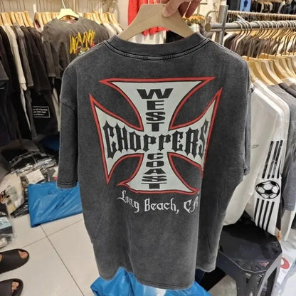 Y2K Vintage West Coast Choppers Printed Washing T-Shirt Women Cotton Breathable Retro Biker Style Loose Fit Casual Streetwear