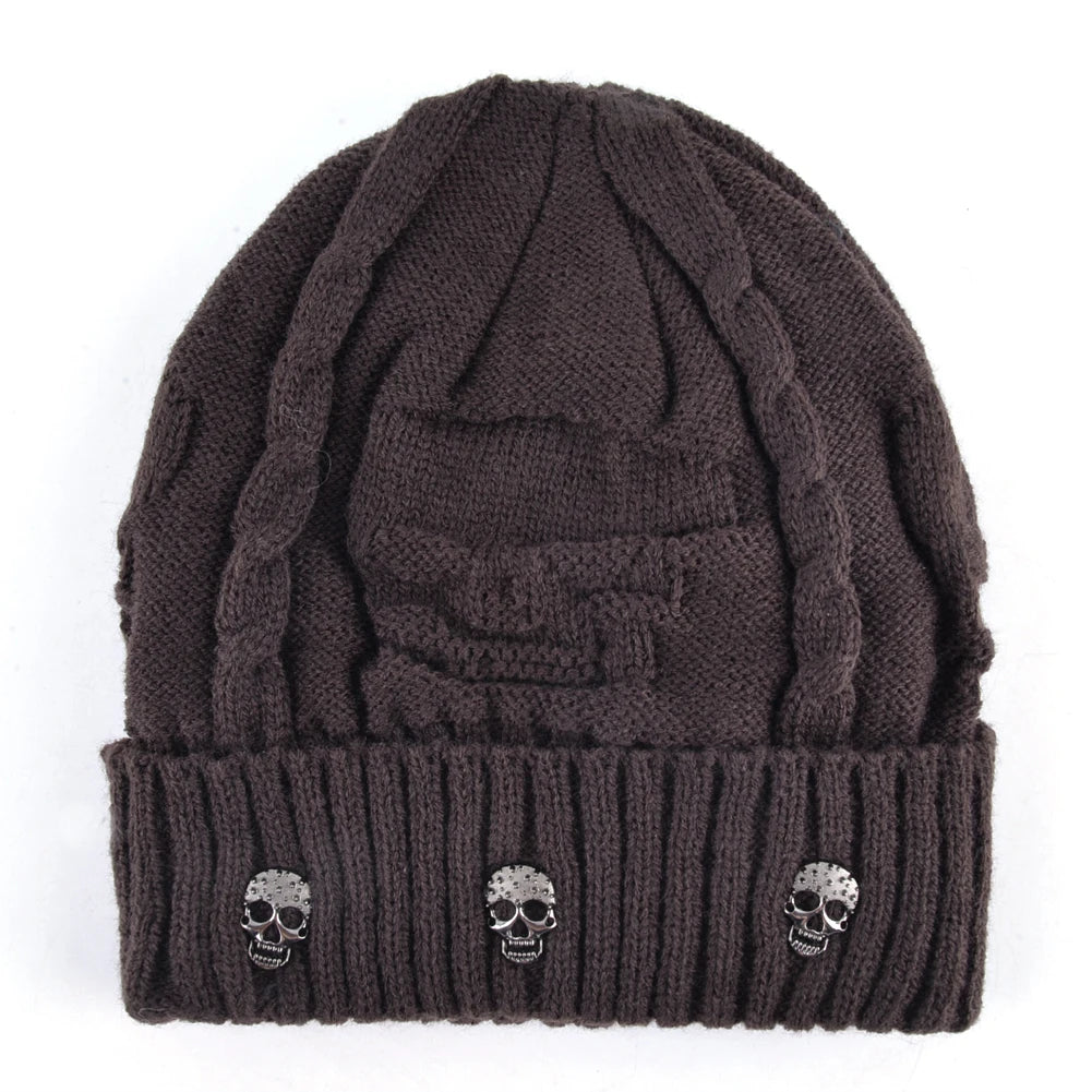Winter Beanies Men Knitted Skull Pattern Solid Color Hat with Metal Skulls Skullies Beanies Men'S Knit Thick Hats Add Velvet