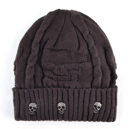 Winter Beanies Men Knitted Skull Pattern Solid Color Hat with Metal Skulls Skullies Beanies Men'S Knit Thick Hats Add Velvet
