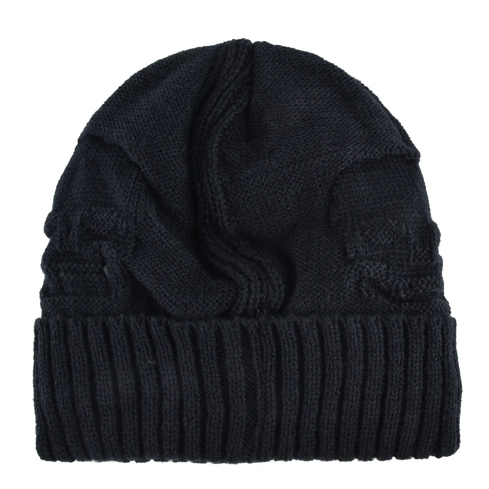 Winter Beanies Men Knitted Skull Pattern Solid Color Hat with Metal Skulls Skullies Beanies Men'S Knit Thick Hats Add Velvet
