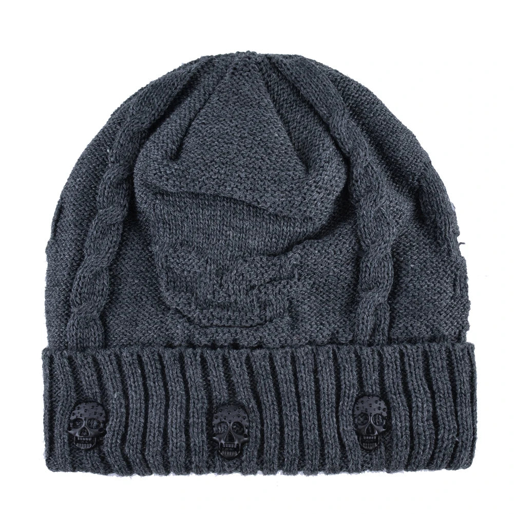 Winter Beanies Men Knitted Skull Pattern Solid Color Hat with Metal Skulls Skullies Beanies Men'S Knit Thick Hats Add Velvet