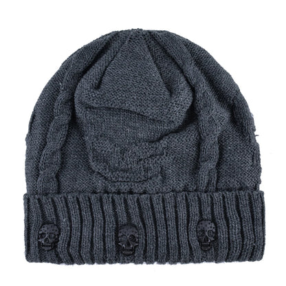 Winter Beanies Men Knitted Skull Pattern Solid Color Hat with Metal Skulls Skullies Beanies Men'S Knit Thick Hats Add Velvet