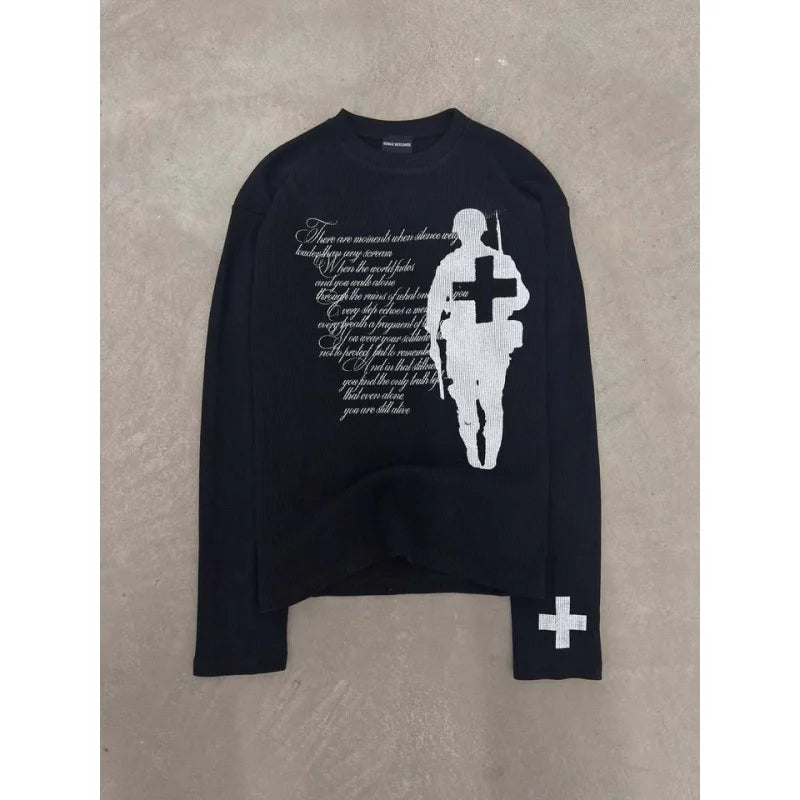 2026 New Arrival Women Y2K Black Soldier & Cross Print Long Sleeve Tee Waffle Knit Oversized Top