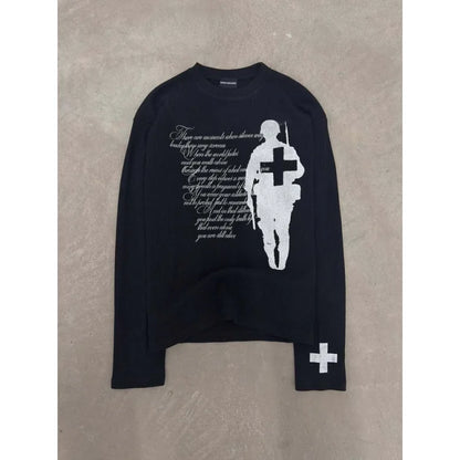 2026 New Arrival Women Y2K Black Soldier & Cross Print Long Sleeve Tee Waffle Knit Oversized Top
