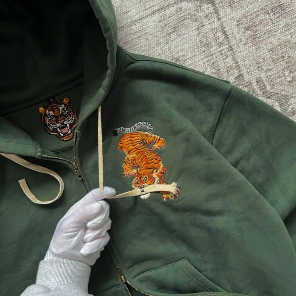 Y2K Men Women Casual Tiger Embroidery Hoodie Oversized Zip up Sweatshirts Long Sleeve with Kangaroo Pocket Olive Green Clothes