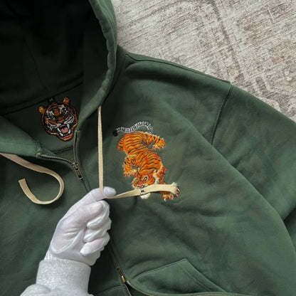 Y2K Men Women Casual Tiger Embroidery Hoodie Oversized Zip up Sweatshirts Long Sleeve with Kangaroo Pocket Olive Green Clothes