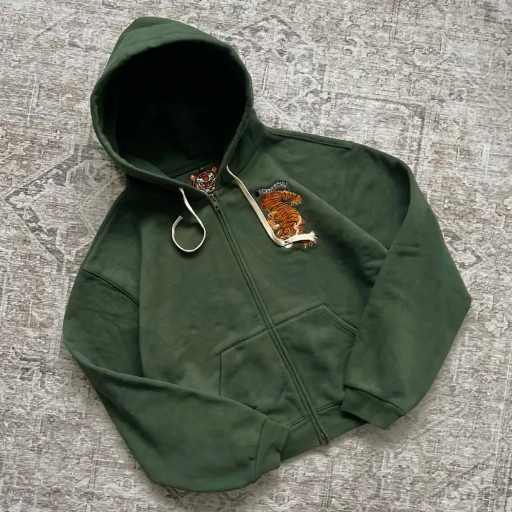 Y2K Men Women Casual Tiger Embroidery Hoodie Oversized Zip up Sweatshirts Long Sleeve with Kangaroo Pocket Olive Green Clothes