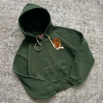 Y2K Men Women Casual Tiger Embroidery Hoodie Oversized Zip up Sweatshirts Long Sleeve with Kangaroo Pocket Olive Green Clothes