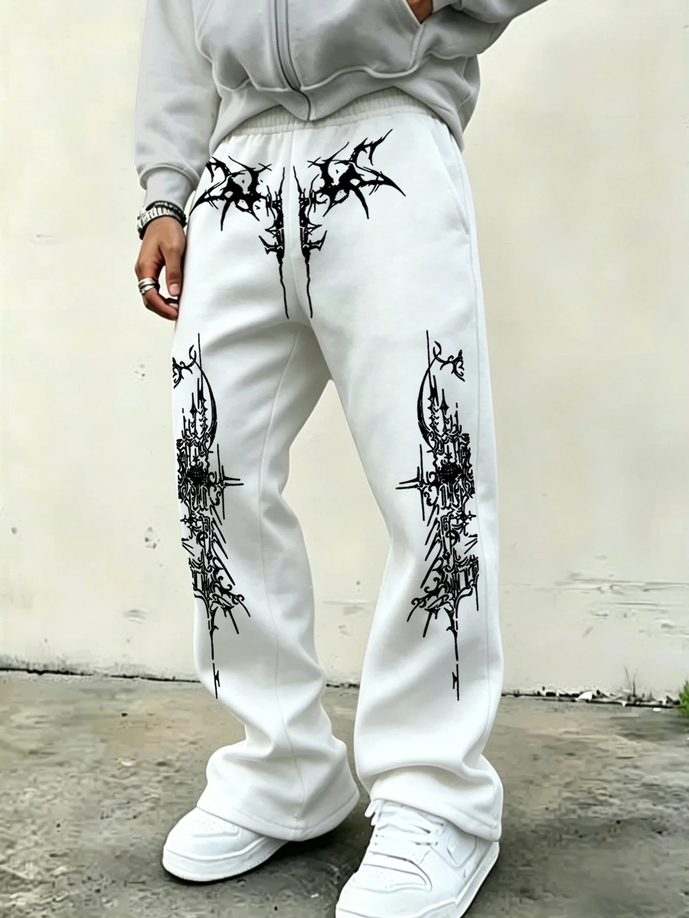 Men'S American-Style High-Street Print Black Slightly Flared Sweatpants: Loose-Fitting, Drapey, Wide-Leg Casual Athletic Pants