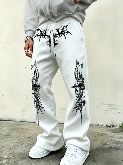 Men'S American-Style High-Street Print Black Slightly Flared Sweatpants: Loose-Fitting, Drapey, Wide-Leg Casual Athletic Pants