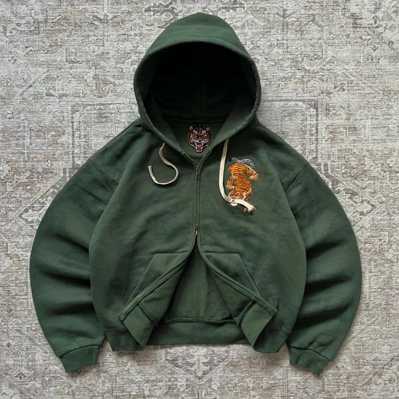 Y2K Men Women Casual Tiger Embroidery Hoodie Oversized Zip up Sweatshirts Long Sleeve with Kangaroo Pocket Olive Green Clothes