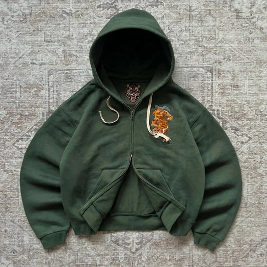Y2K Men Women Casual Tiger Embroidery Hoodie Oversized Zip up Sweatshirts Long Sleeve with Kangaroo Pocket Olive Green Clothes