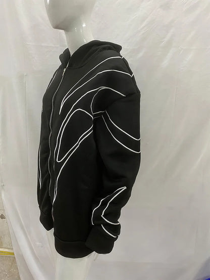 Street Retro Fashion Clothing Striped Embroidered Black Double Zipper Hoodie American Hip-Hop Punk Oversized Sweatshirt Women