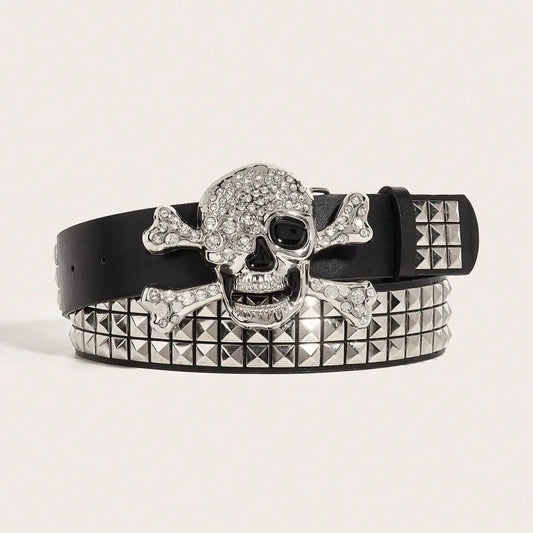 1Pc Men'S Dark Punk Skull Buckle Rivet Belt Jeans Versatile Decorative Belt