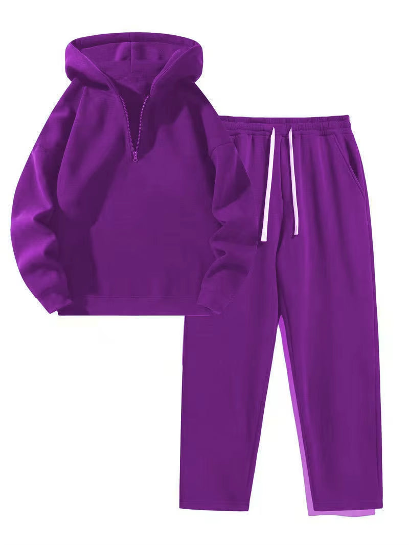 Autumn Winter Casual Sports Style Women'S Two-Piece Set Fashionable Solid Color Hooded Pullover Sweatshirt Wide-Leg Pants Set