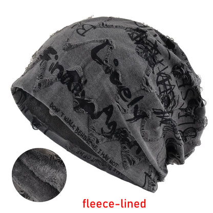 Letter Print Beanie Hats for Women Men Vintage Distressed Cracked Design ​Wasteland Style Spring Summer Warm Fleece-Lined Winter