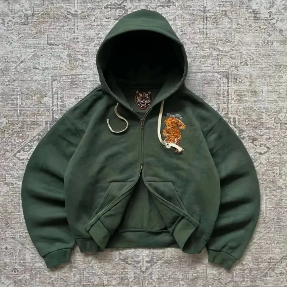 Y2K Men Women Casual Tiger Embroidery Hoodie Oversized Zip up Sweatshirts Long Sleeve with Kangaroo Pocket Olive Green Clothes