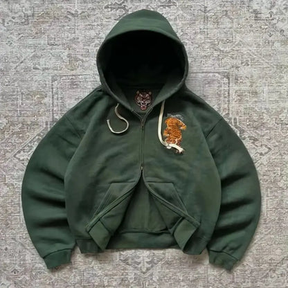Y2K Men Women Casual Tiger Embroidery Hoodie Oversized Zip up Sweatshirts Long Sleeve with Kangaroo Pocket Olive Green Clothes