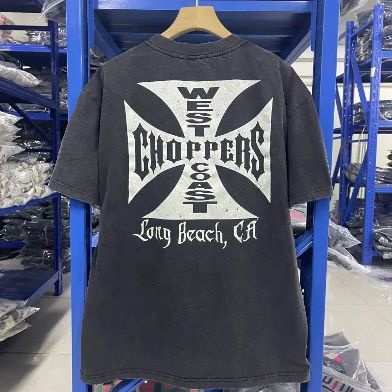 Y2K Vintage West Coast Choppers Printed Washing T-Shirt Women Cotton Breathable Retro Biker Style Loose Fit Casual Streetwear