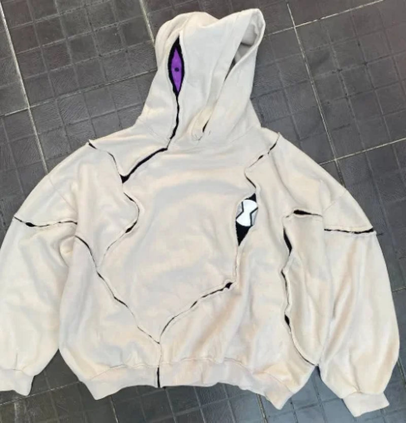 New Y2K Millennium Dark Style Patchwork Contrasting Hoodie, Worn Grey Purple Contrasting Deconstruction Loose round Neck Shirt