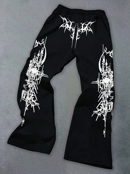 Men'S American-Style High-Street Print Black Slightly Flared Sweatpants: Loose-Fitting, Drapey, Wide-Leg Casual Athletic Pants