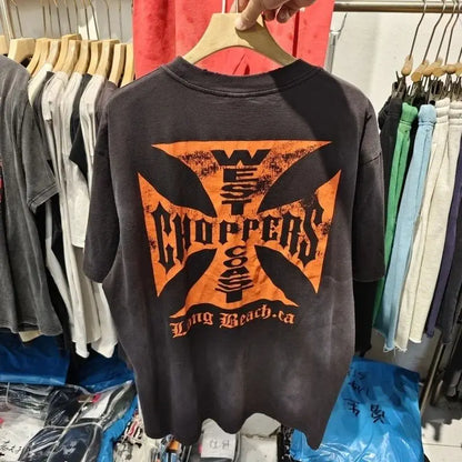 Y2K Vintage West Coast Choppers Printed Washing T-Shirt Women Cotton Breathable Retro Biker Style Loose Fit Casual Streetwear