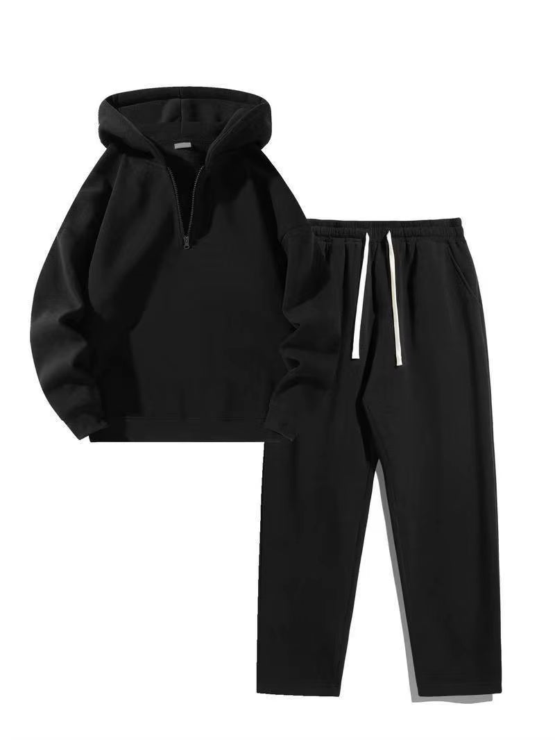 Autumn Winter Casual Sports Style Women'S Two-Piece Set Fashionable Solid Color Hooded Pullover Sweatshirt Wide-Leg Pants Set