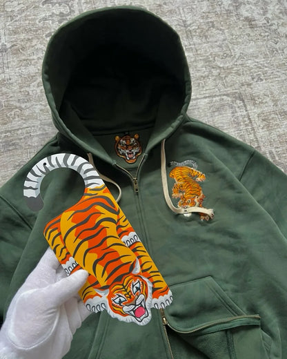 Y2K Men Women Casual Tiger Embroidery Hoodie Oversized Zip up Sweatshirts Long Sleeve with Kangaroo Pocket Olive Green Clothes