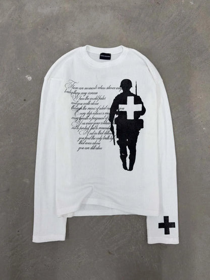 2026 New Arrival Women Y2K Black Soldier & Cross Print Long Sleeve Tee Waffle Knit Oversized Top