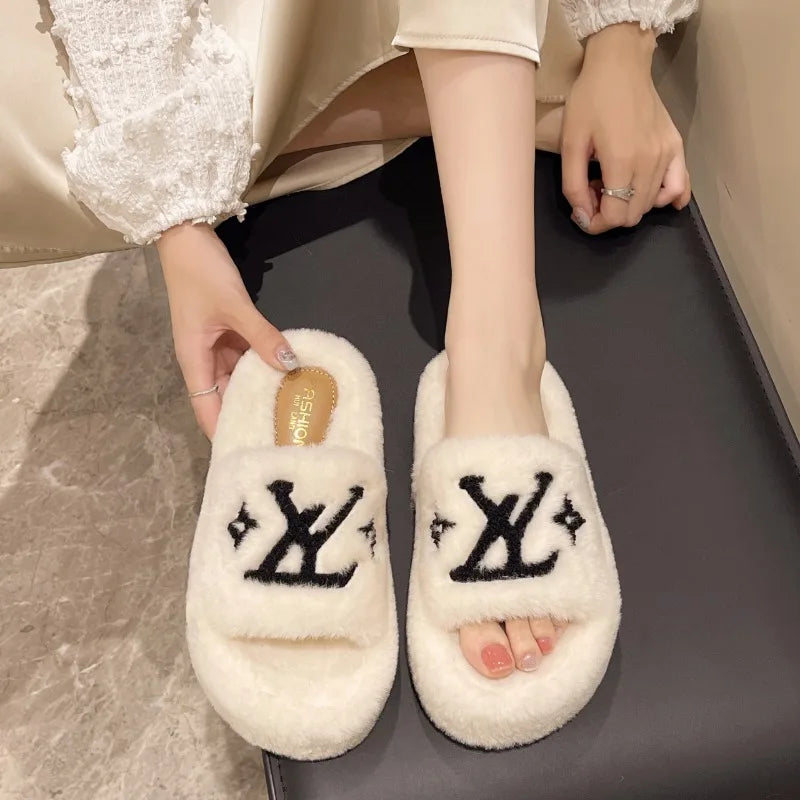 2025 New Popular Women'S Slippers Party Plush Summer New Best-Selling Furry Home Shoes Fur Flip Flops Female Slides Fur Shoes