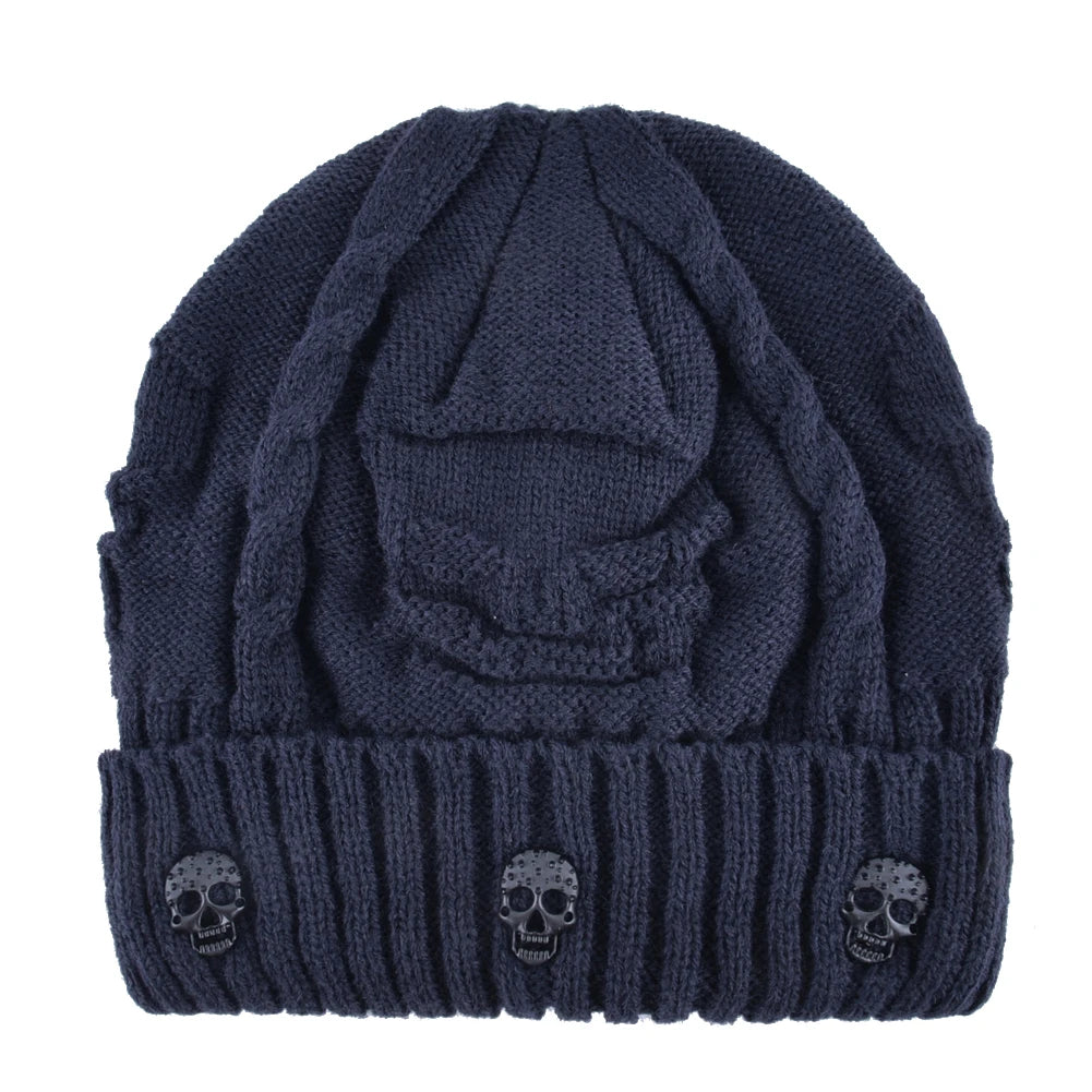 Winter Beanies Men Knitted Skull Pattern Solid Color Hat with Metal Skulls Skullies Beanies Men'S Knit Thick Hats Add Velvet