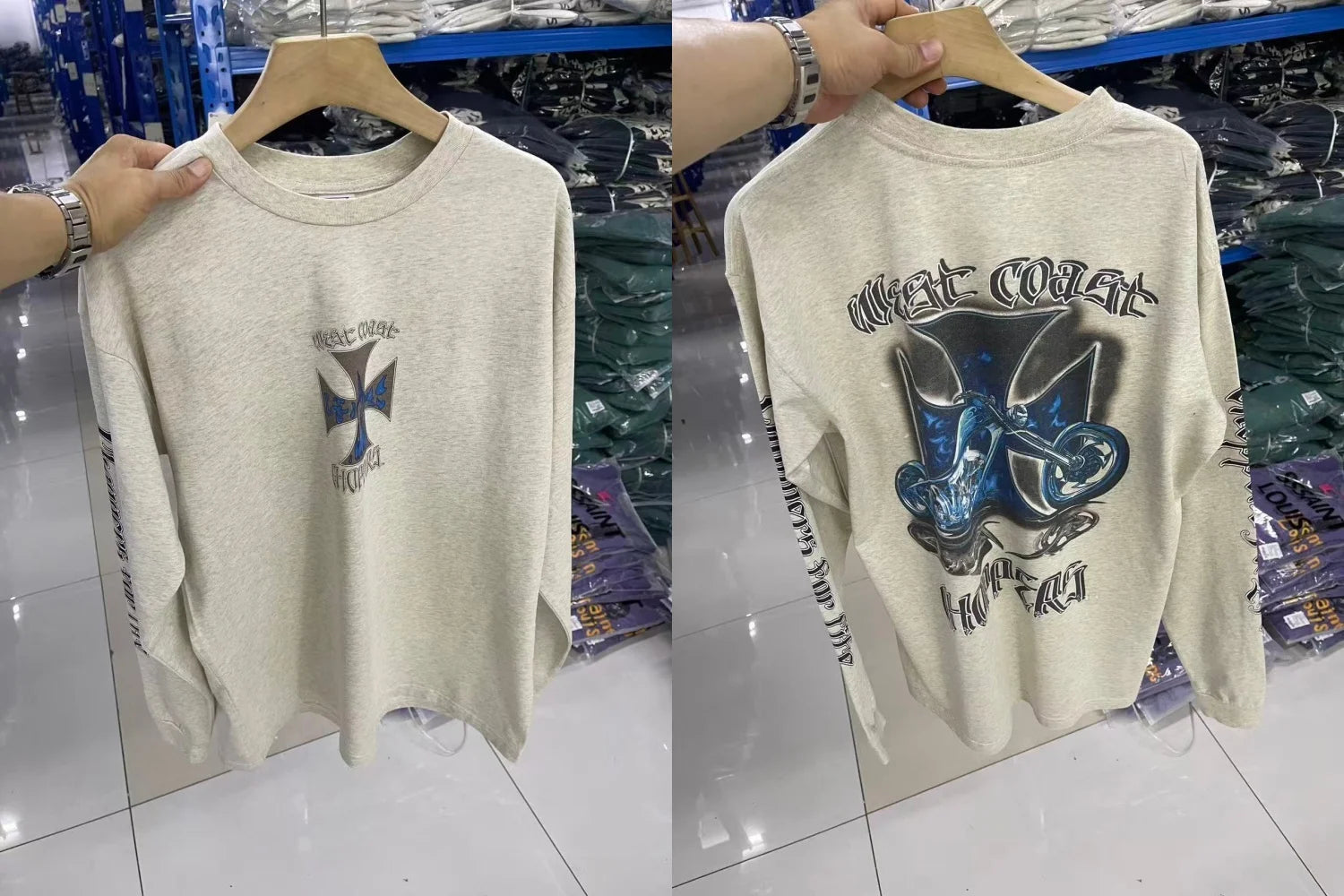 Men West Coast Style Vintage Biker Long Sleeve T Shirt Gothic Motorcycle Graphic Oversized Tops
