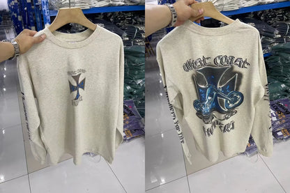 Men West Coast Style Vintage Biker Long Sleeve T Shirt Gothic Motorcycle Graphic Oversized Tops