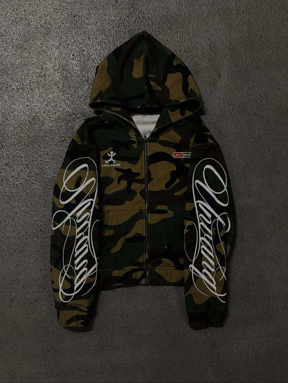 Unisex Spring Printed Hooded Camouflage Cardigan High Street American Style Pullover Hoodie for Men and Women